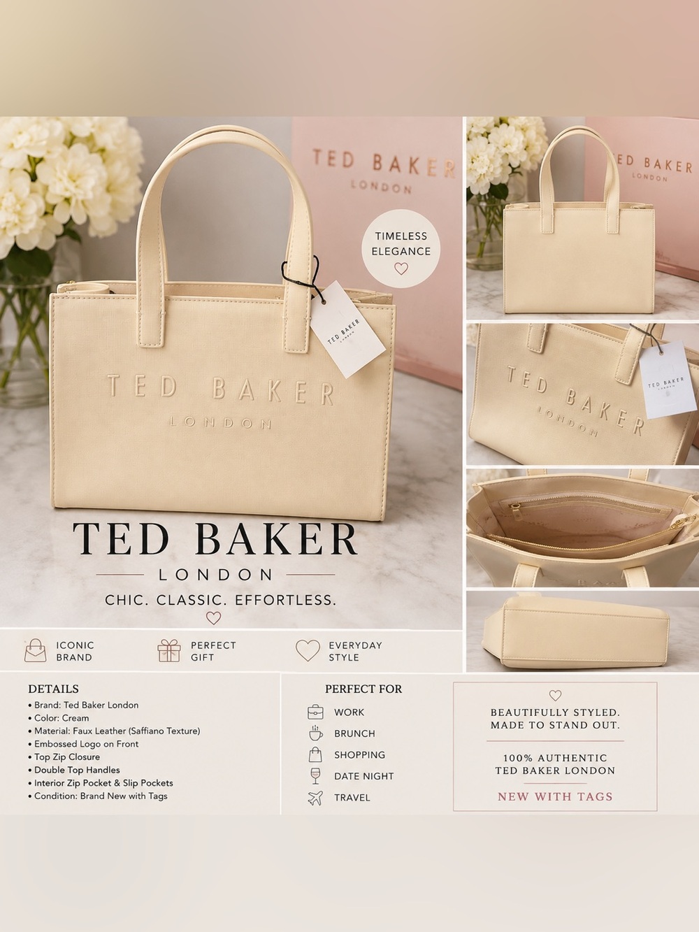Ted Baker Cream Tote Bag with Embossed Logo